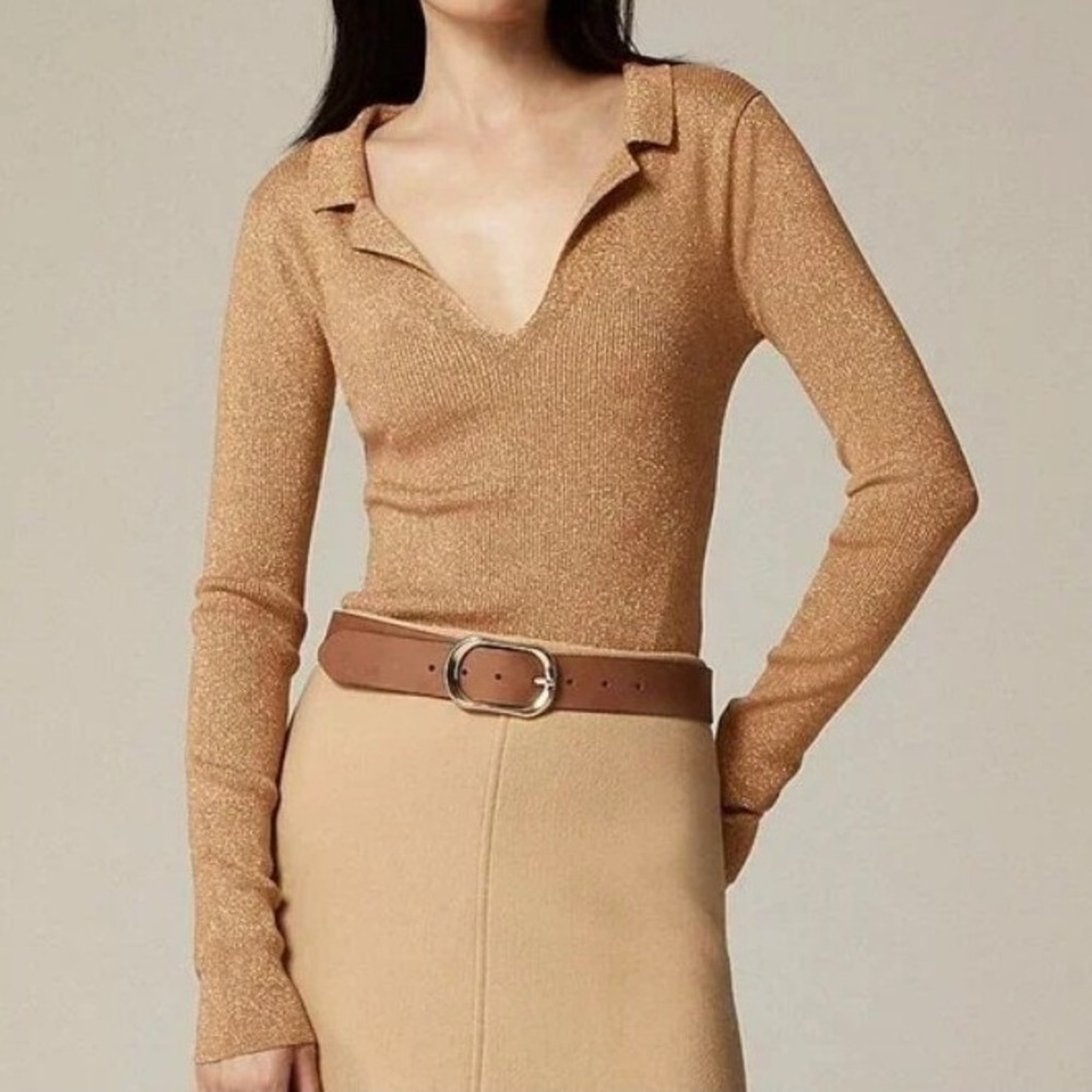 J. Crew Fitted Sparkling Metallic Gold Sweater Medium‎ Collared V Neck